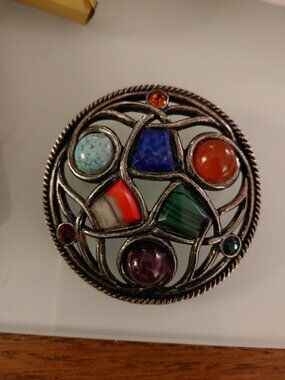 Vintage Miracle Pewter Gemstones Round Large Celtic Broach Pin Brooch Marked
